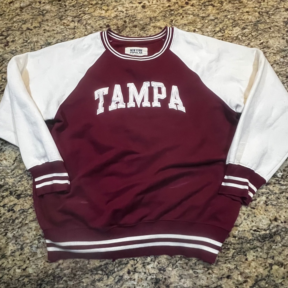 New York Popular Tampa Sweatshirt Womens Large Maroon White‎ Raglan Varsity Crew